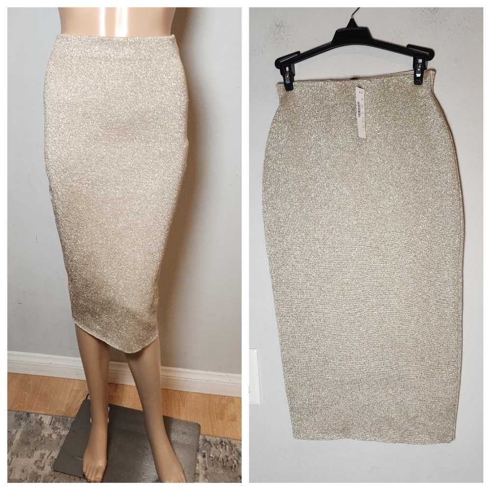 NWT J. Crew Merino Wool Blend Gold Metallic Pull On Sweater Midi Skirt Size XXS